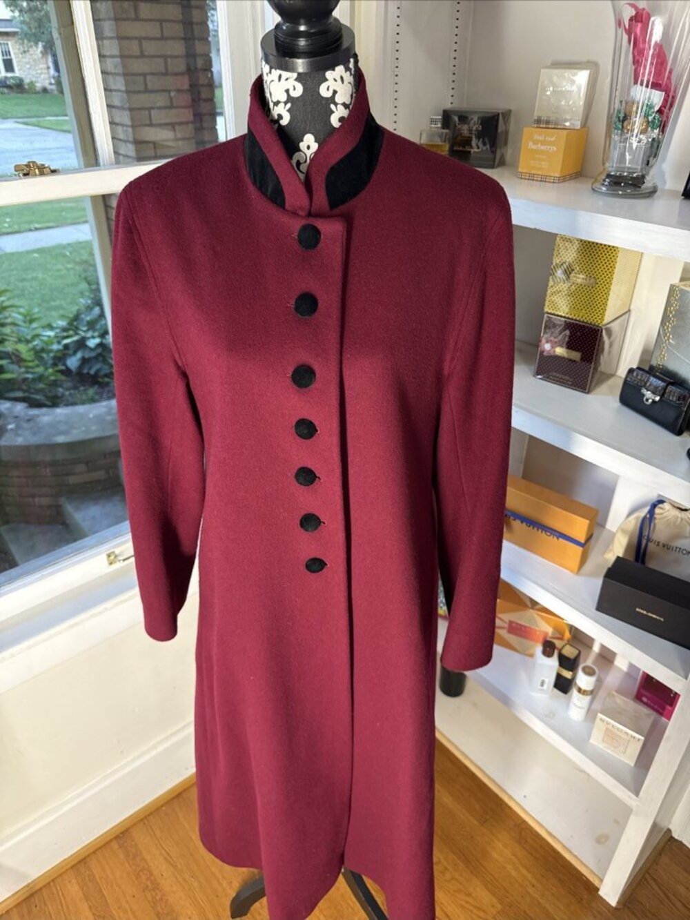 VIntage Preston York Red Wool Full Length Overcoat With Black Velvet Trim 8